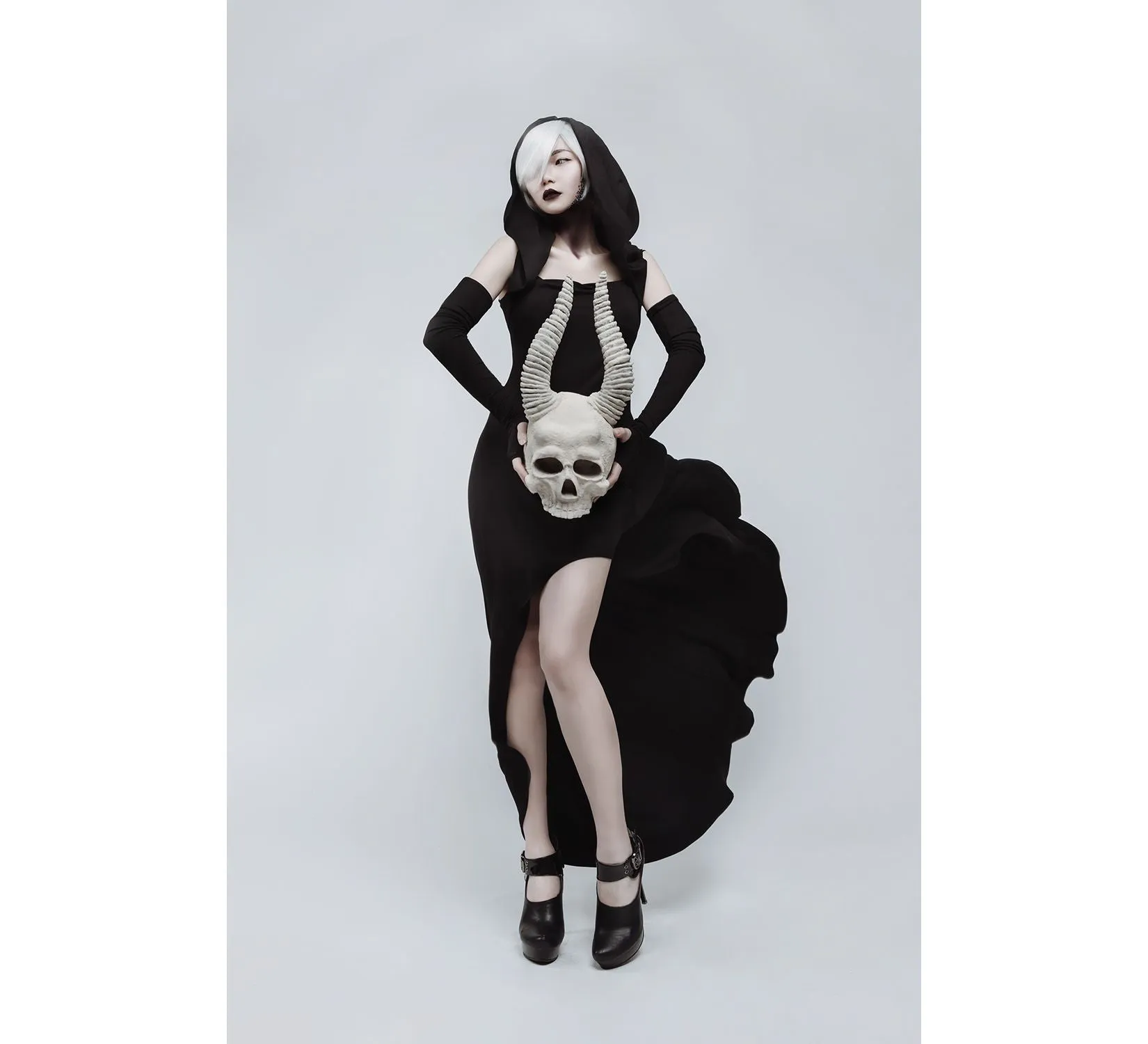 Casual gothic black hooded jersey cobra dress