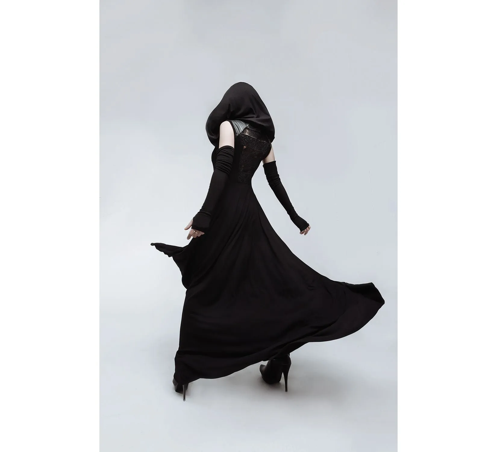 Casual gothic black hooded jersey cobra dress