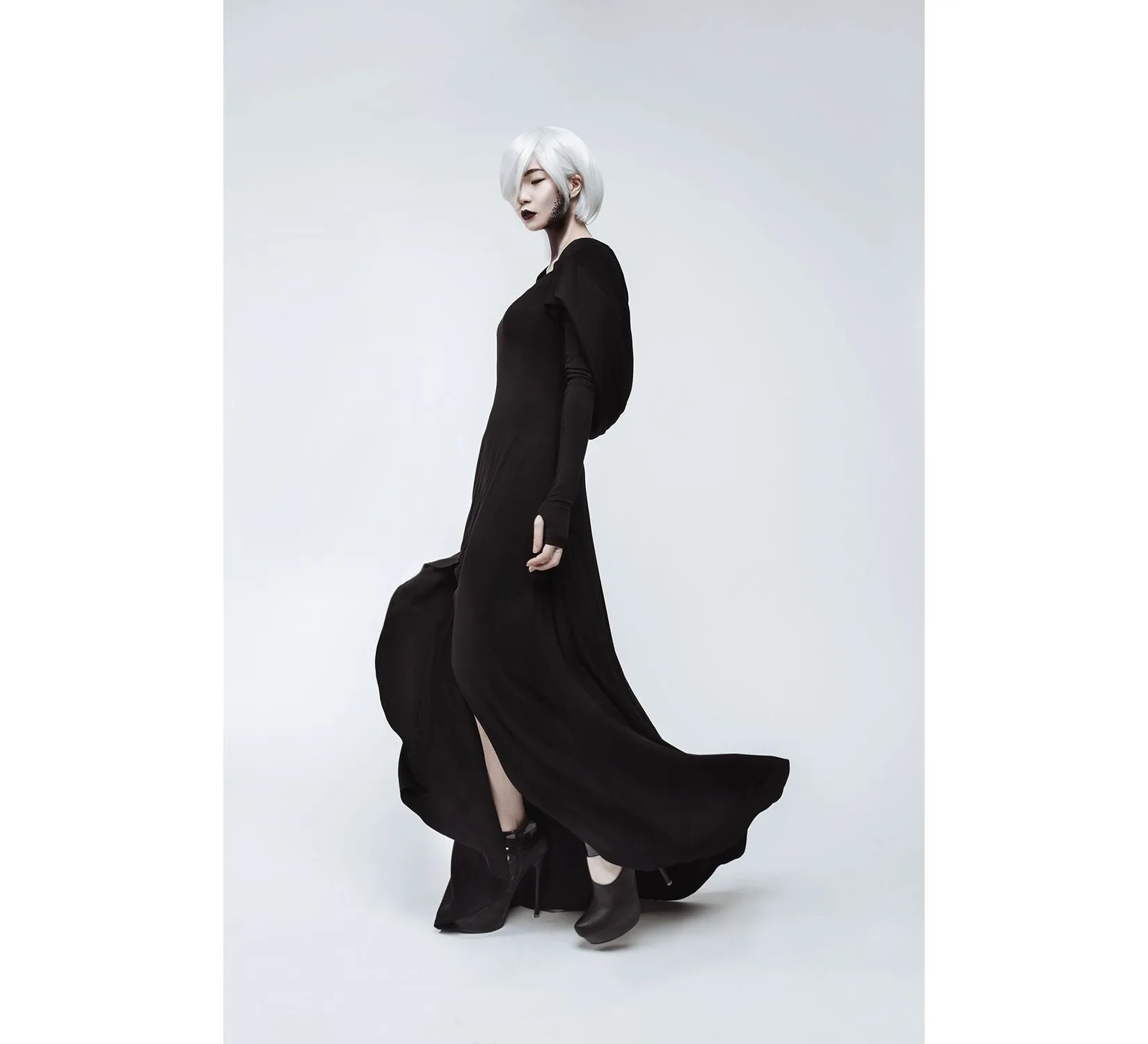 Casual gothic black hooded jersey cobra dress