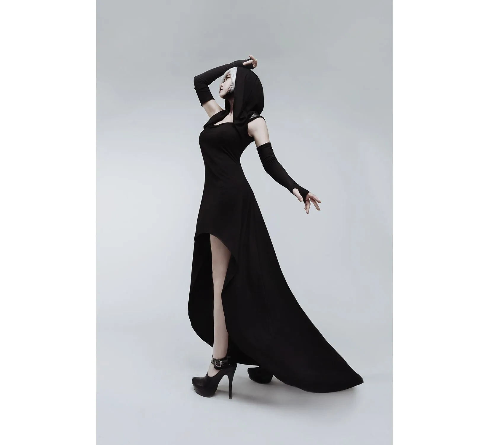 Casual gothic black hooded jersey cobra dress