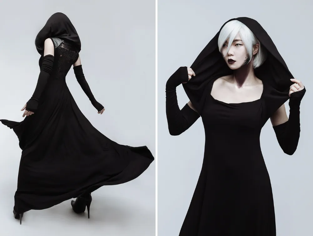 Casual gothic black hooded jersey cobra dress