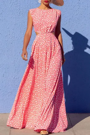Casual Polka Dot Print Hollow Out O Neck Long Dresses