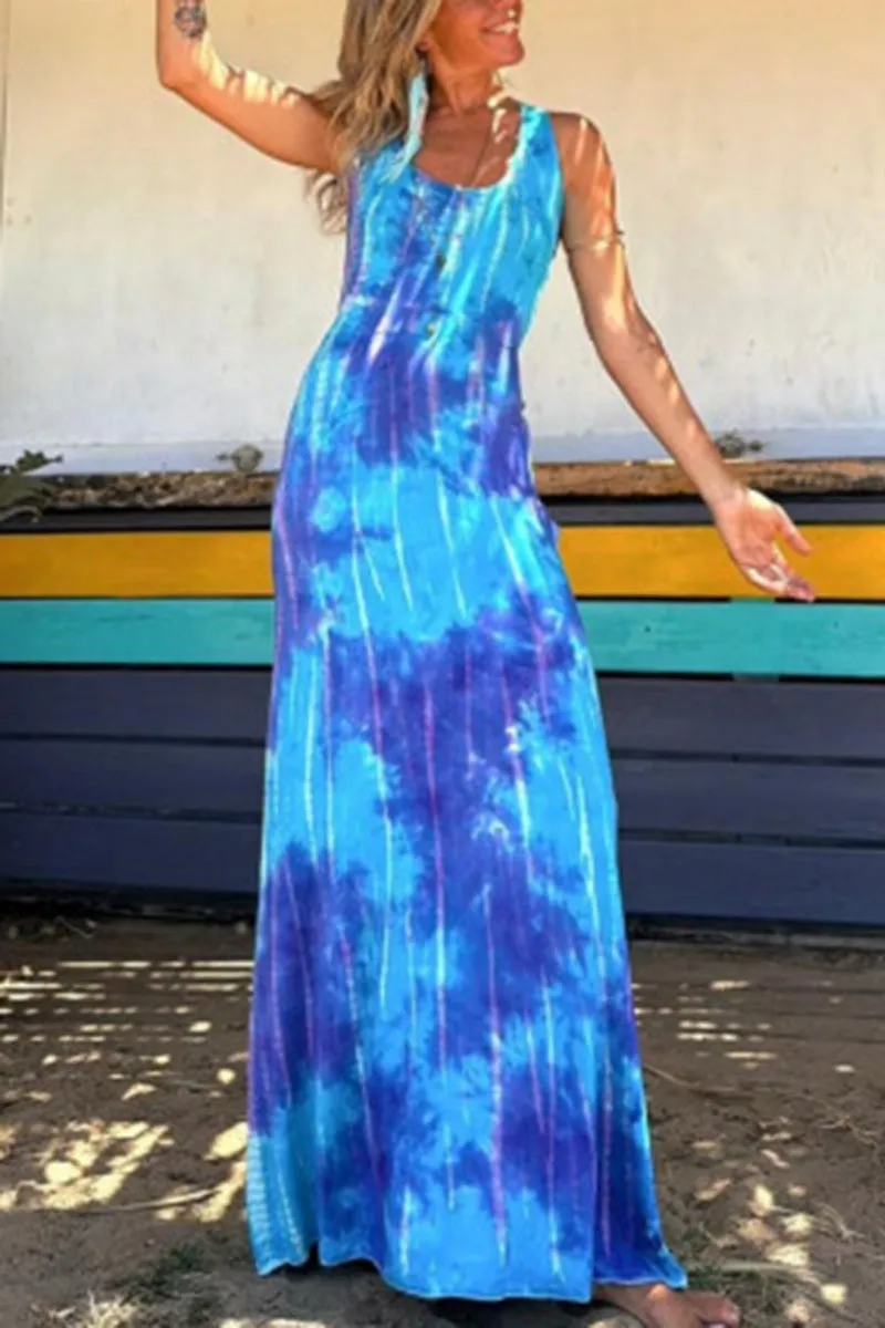 Casual Print Backless U Neck Long Dresses(3 Colors)