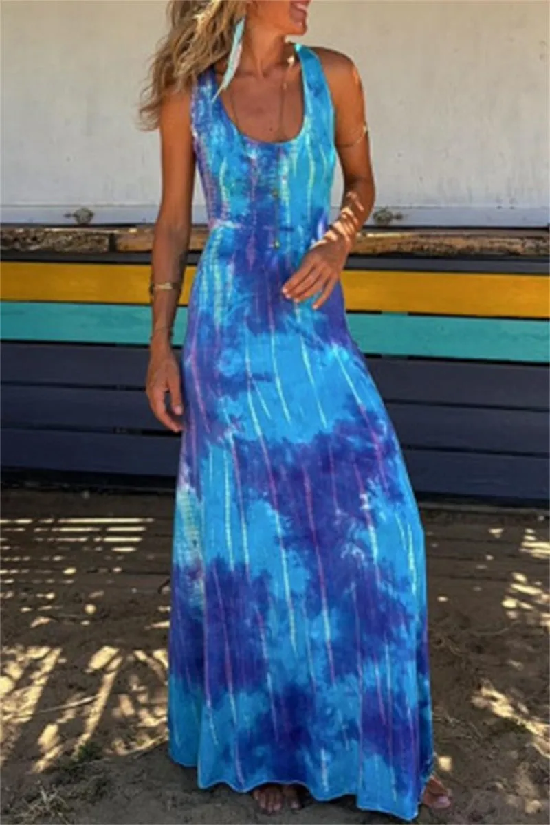 Casual Print Backless U Neck Long Dresses(3 Colors)