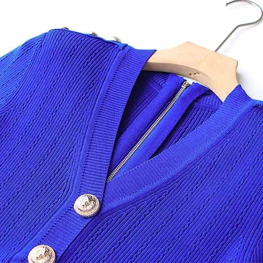 Chic Short Sleeves V Neck Rib-Knit Minidress Royal Blue Short Dress
