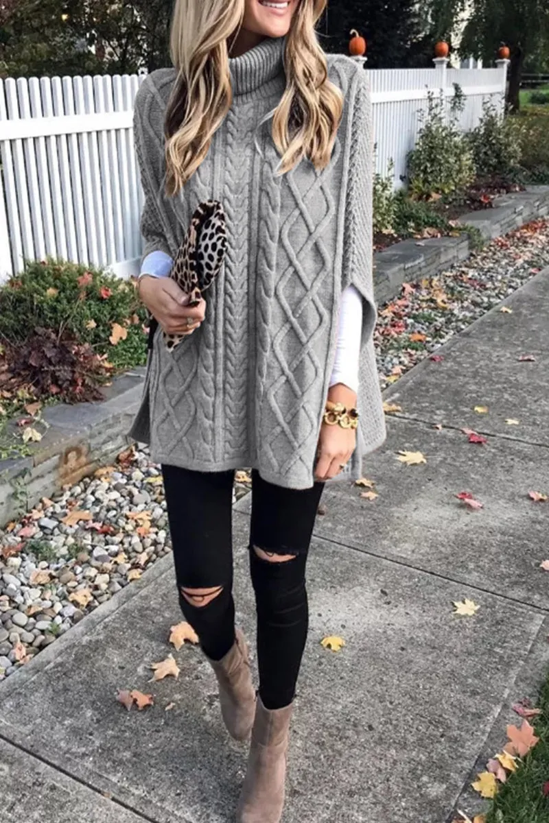 Chicindress High Neck Loose Cable Knit Pattern Stitching Sweater (7 Colors)