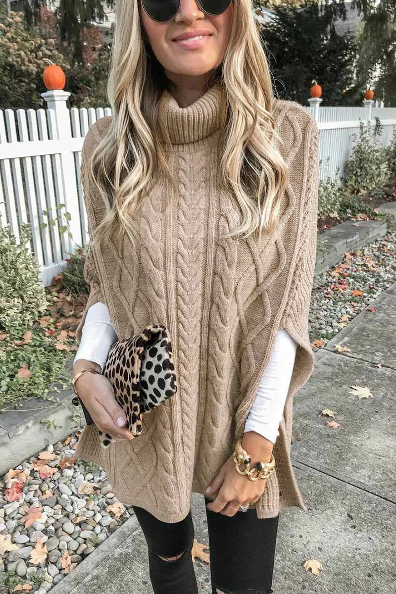 Chicindress High Neck Loose Cable Knit Pattern Stitching Sweater (7 Colors)