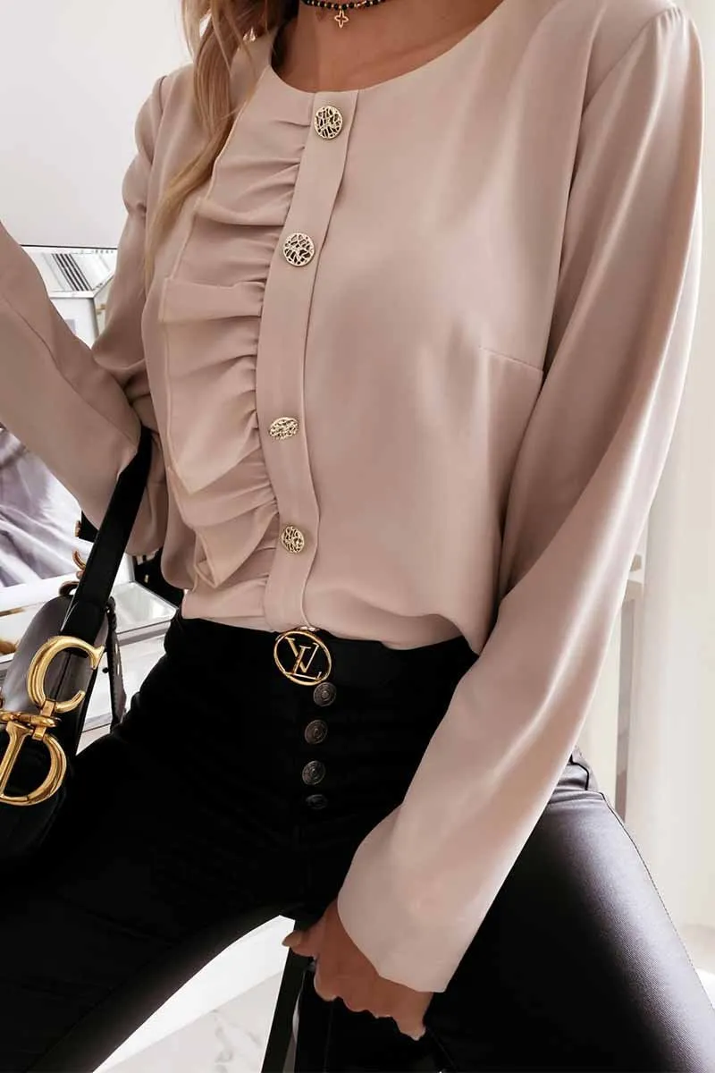 Chicindress Solid Color Long-Sleeved Ruffled Button Shirt Tops(3 Colors)