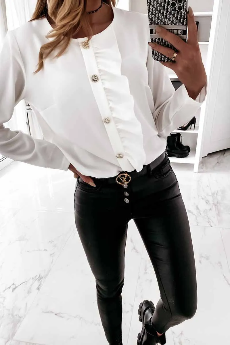 Chicindress Solid Color Long-Sleeved Ruffled Button Shirt Tops(3 Colors)
