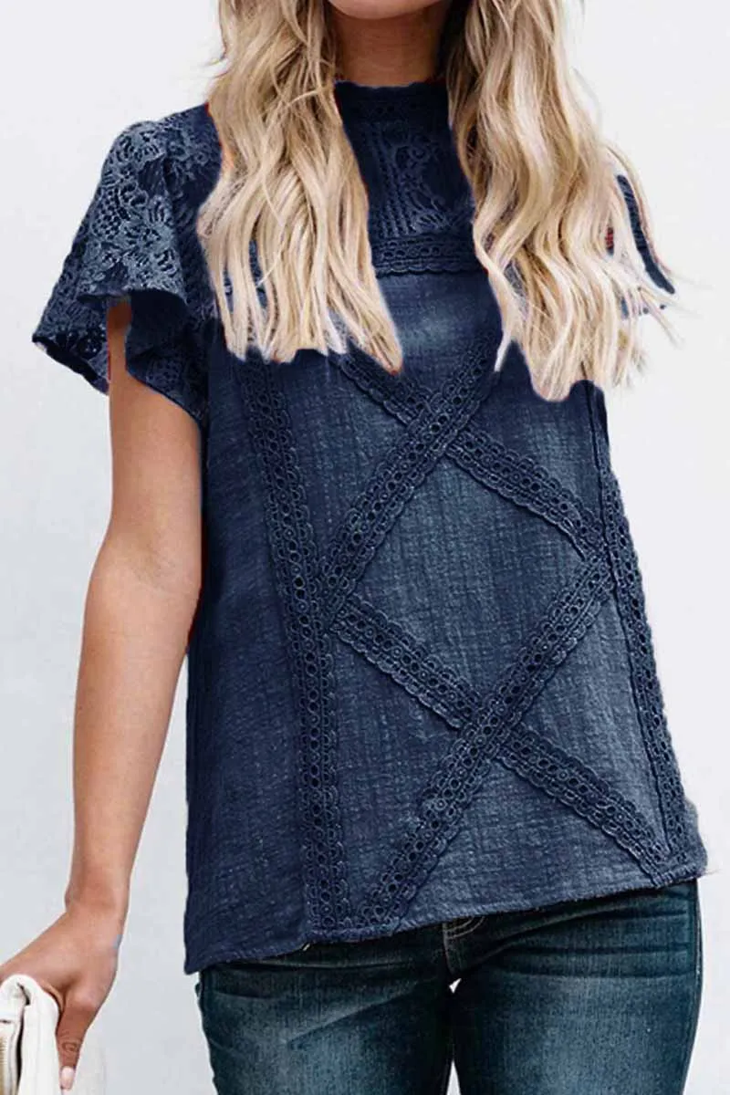 Chicindress Summer Geometric Stitching Lace Short Sleeves Tops (6 Colors)