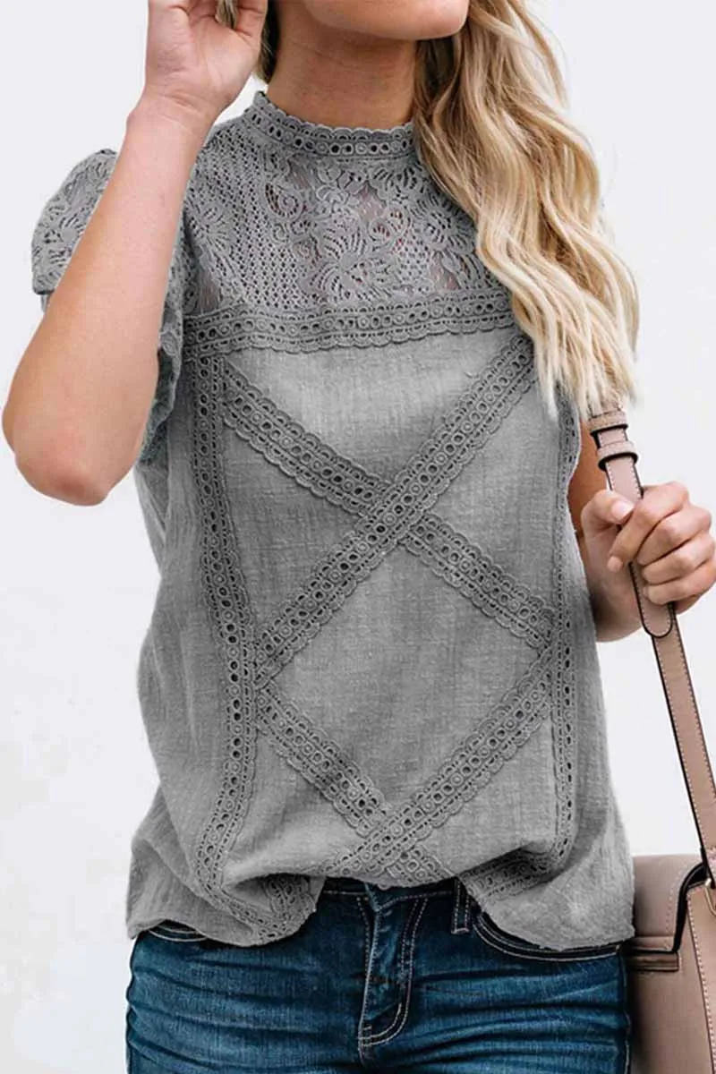 Chicindress Summer Geometric Stitching Lace Short Sleeves Tops (6 Colors)