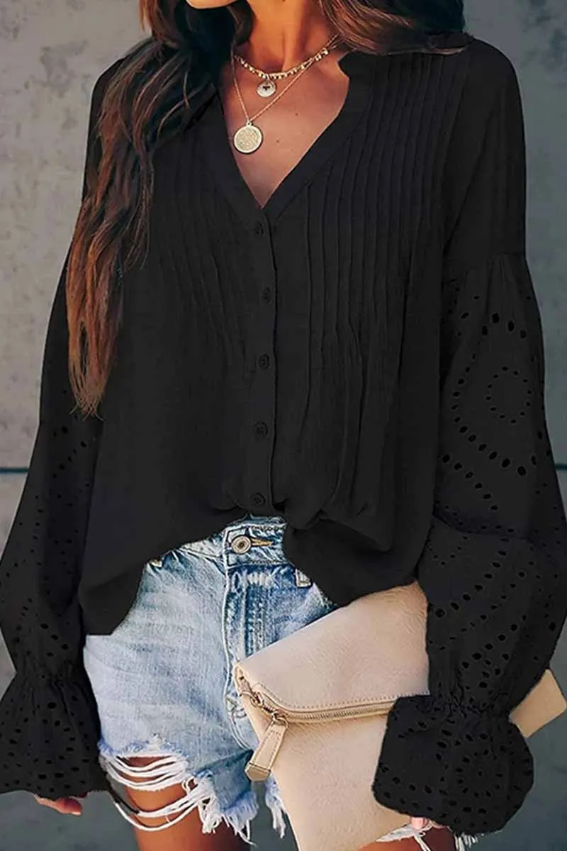 Chicindress V-Neck Single Breasted Loose Flared Long Sleeves Tops