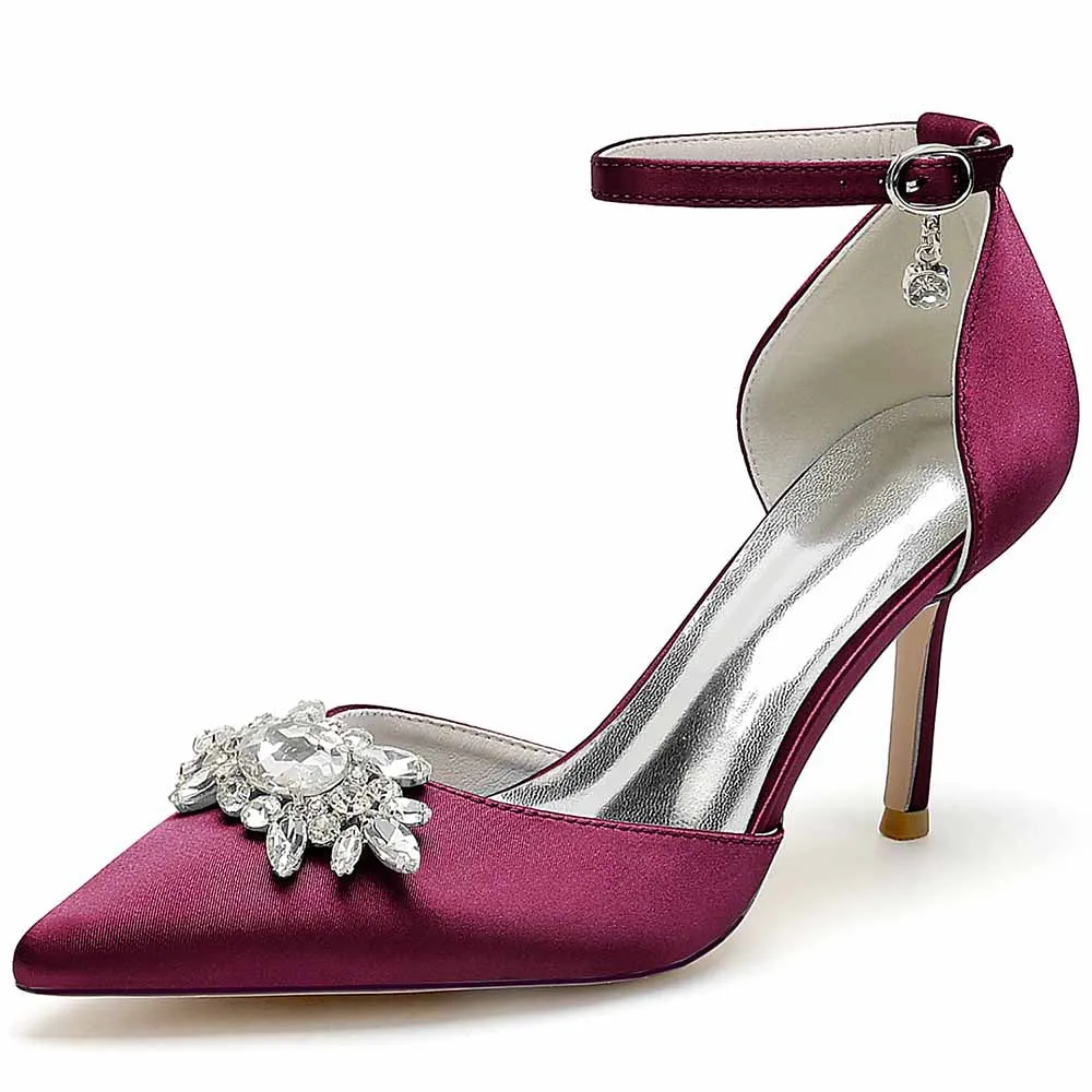 Closed Toe Wedding Shoes Satin Dress Heels Crystal Ankle Strap Pumps