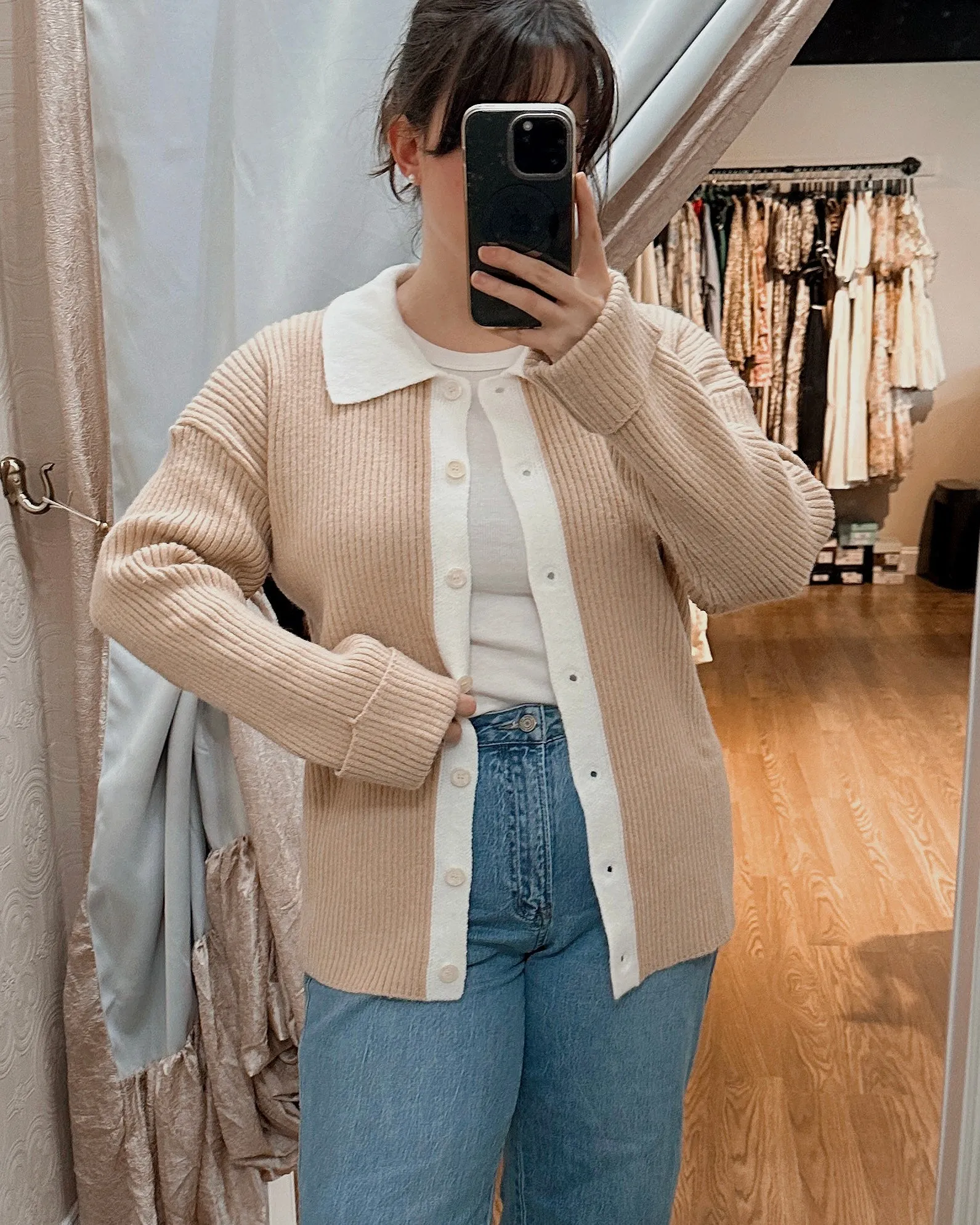 Contrast Two Tone Ribbed Button-Down Cardigan