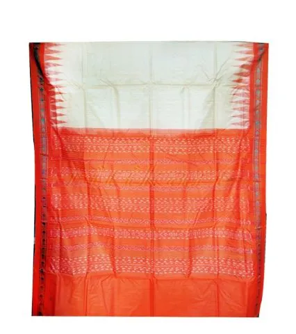 Cream and Orange Color Tussar Silk Saree with Bandha Aanchal