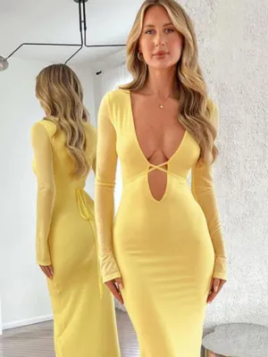 Deep V-Neck Maxi Dress with Hollow Mesh and Long Sleeves