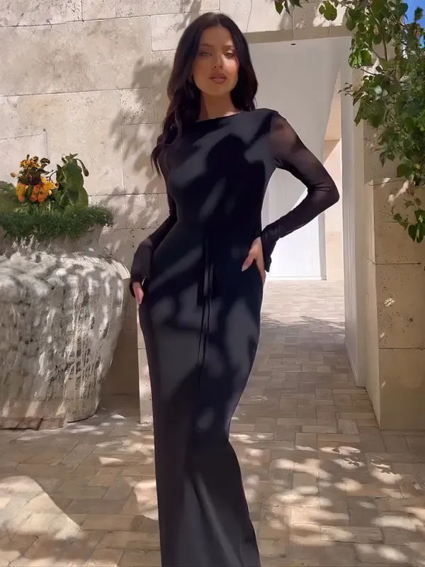 Deep V-Neck Maxi Dress with Hollow Mesh and Long Sleeves