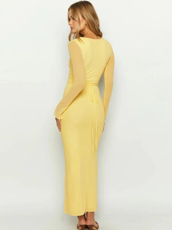 Deep V-Neck Maxi Dress with Hollow Mesh and Long Sleeves
