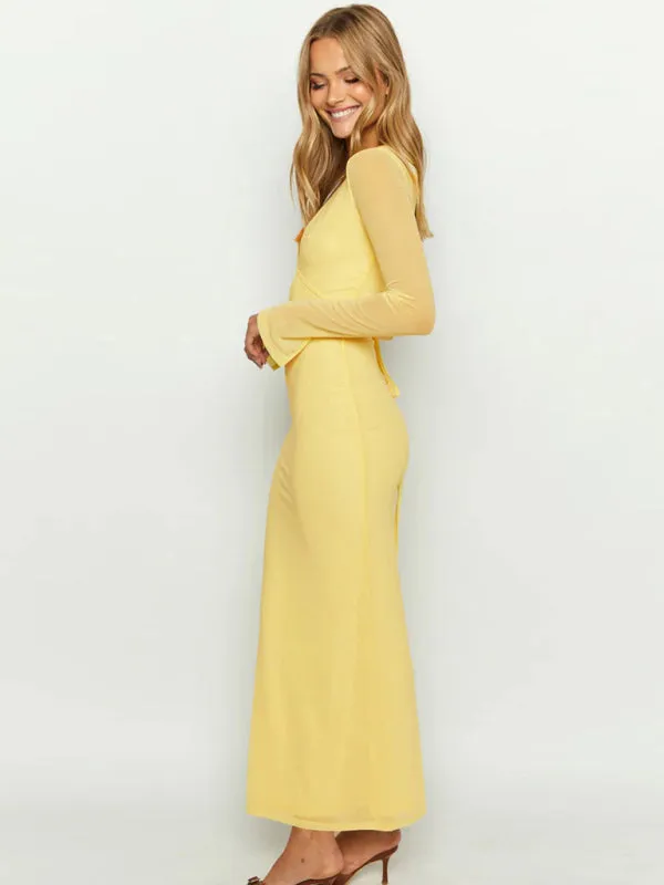 Deep V-Neck Maxi Dress with Hollow Mesh and Long Sleeves