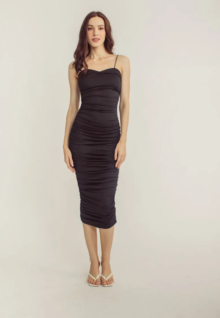 Della Black Sleeveless Thin Strap Sexy Bodycon Midi Dress