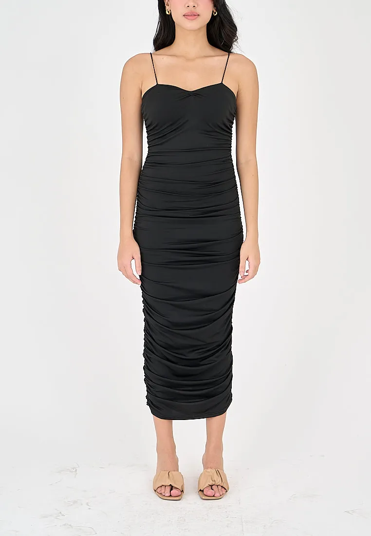 Della Black Sleeveless Thin Strap Sexy Bodycon Midi Dress