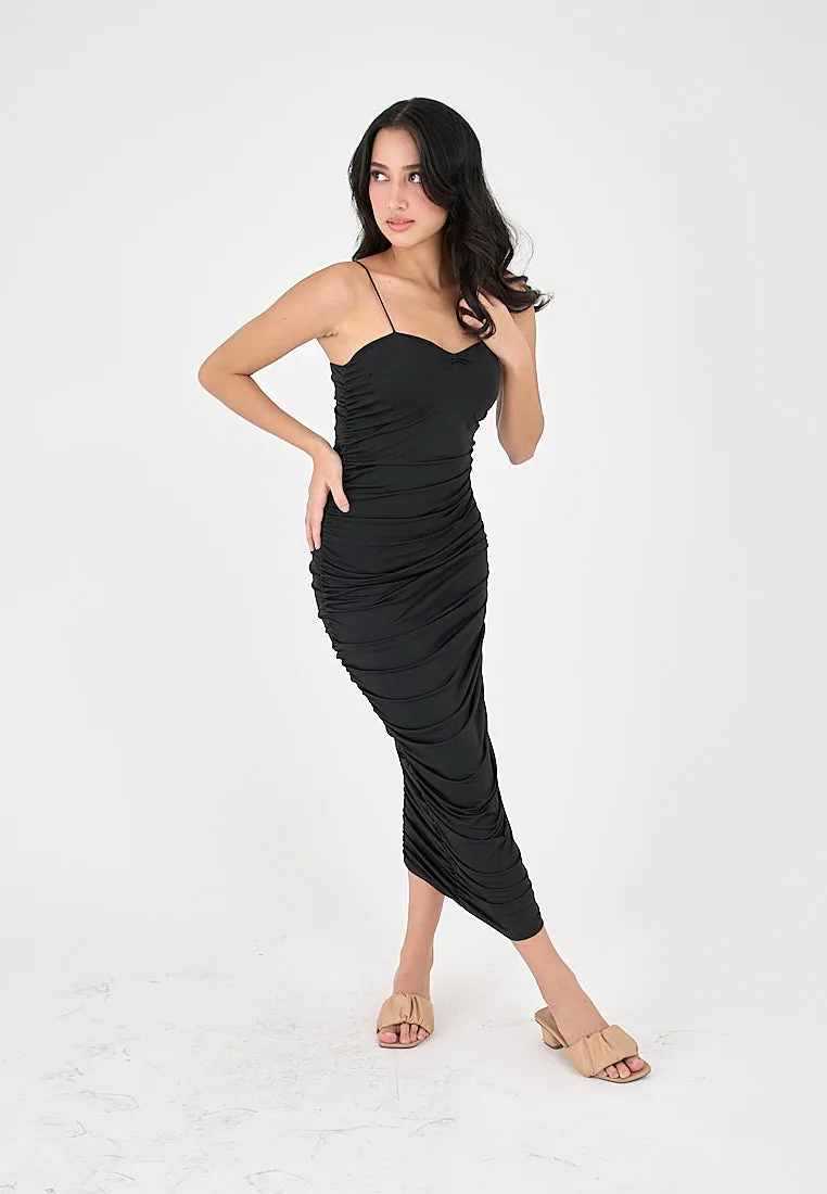 Della Black Sleeveless Thin Strap Sexy Bodycon Midi Dress