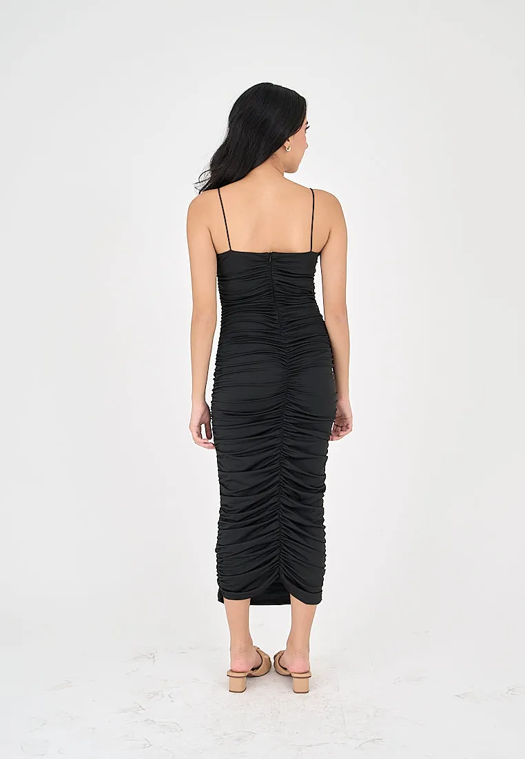 Della Black Sleeveless Thin Strap Sexy Bodycon Midi Dress
