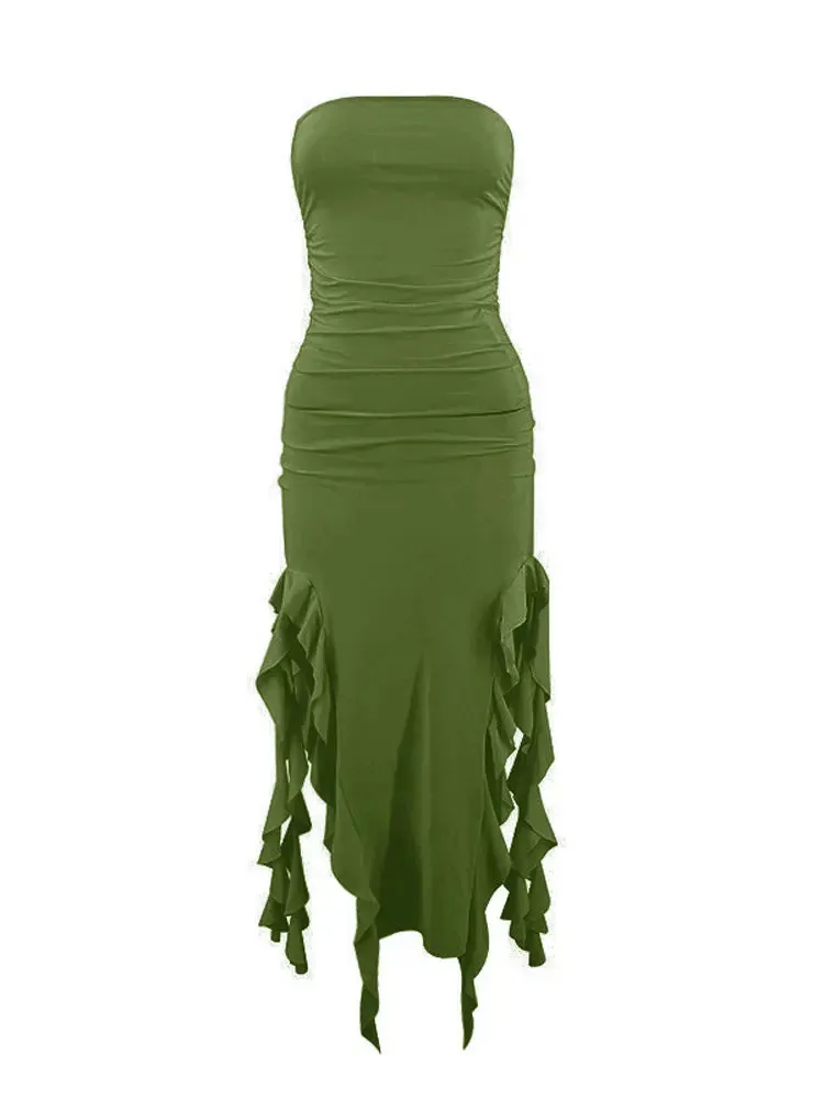 Elegant Off Shoulder Ruffles Women's Strapless Sleeveless Midi Dress - 2024 Summer Fashion Party