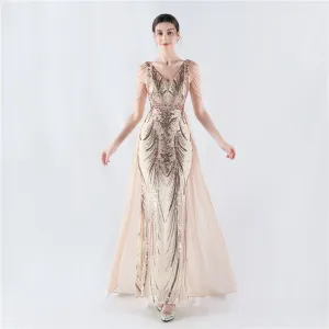 Elegant V-Neck Floral Sequin with Cloak Craft Beading Evening Dress