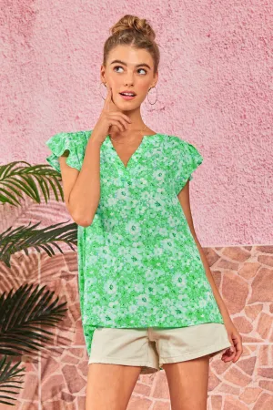 Emerald Woven Floral Split Neckline Blouse