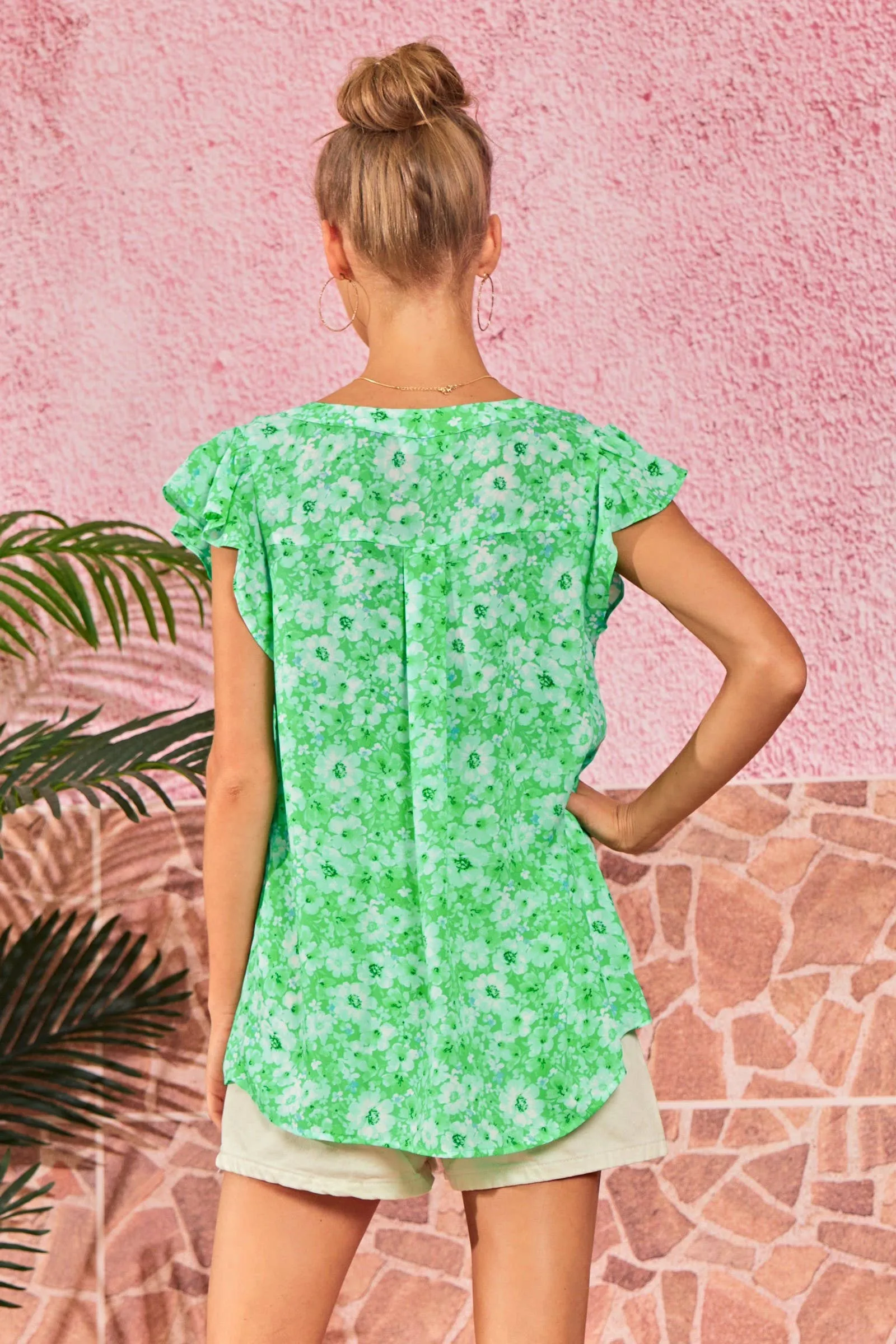 Emerald Woven Floral Split Neckline Blouse