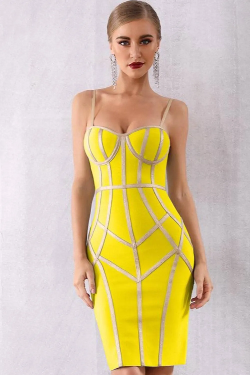 Geometric Body Contour Bandage Bodycon Midi Dress