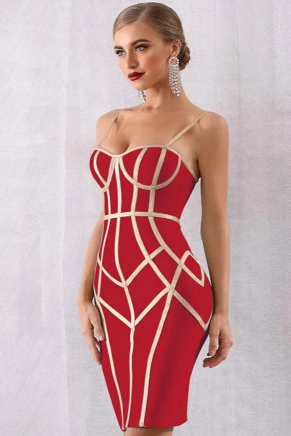 Geometric Body Contour Bandage Bodycon Midi Dress