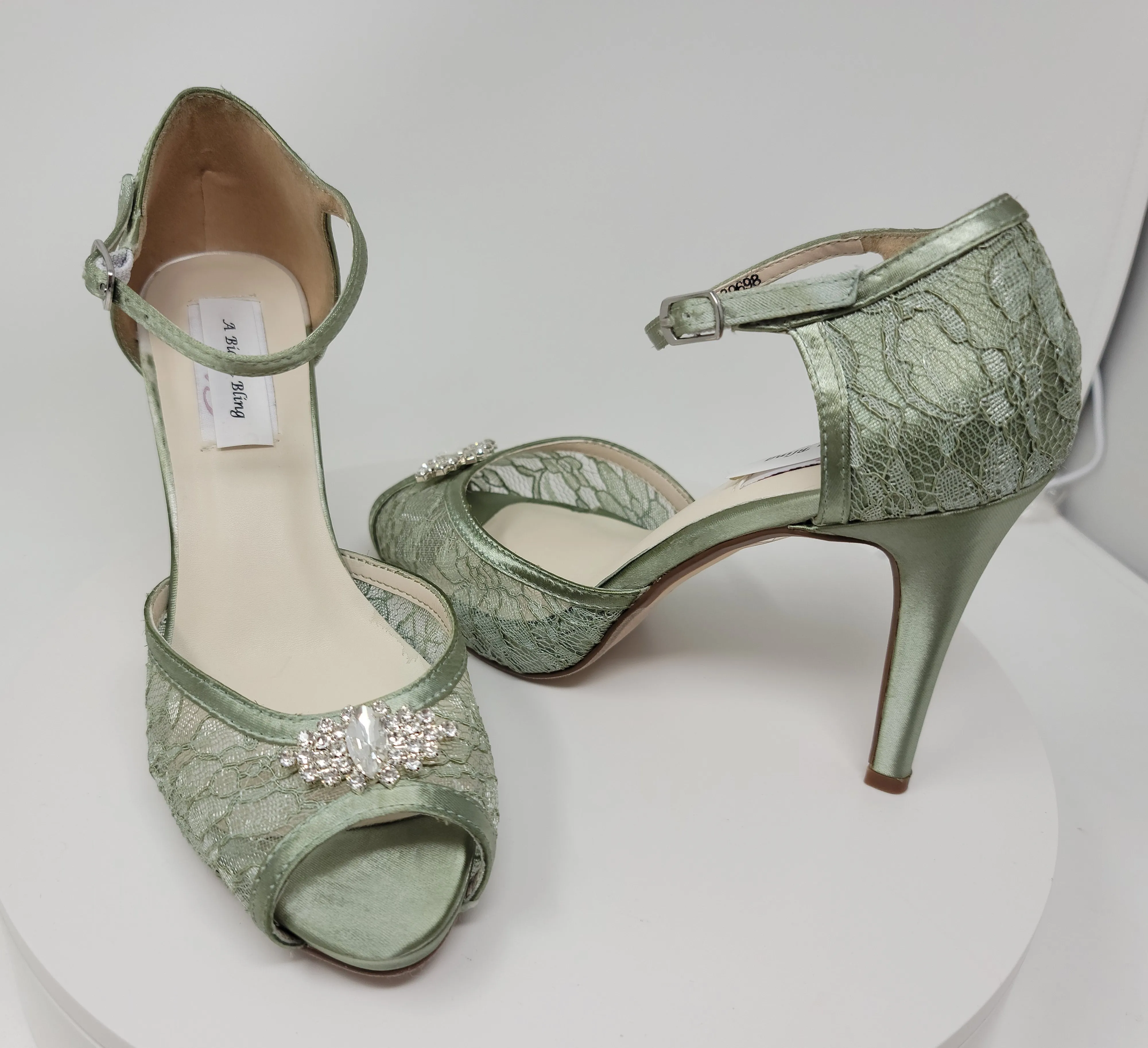 Green Lace Bridal Shoes with Crystal Detail