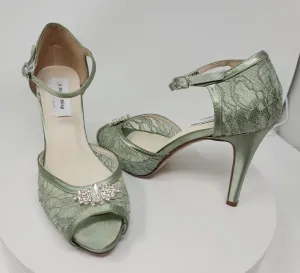 Green Lace Bridal Shoes with Crystal Detail