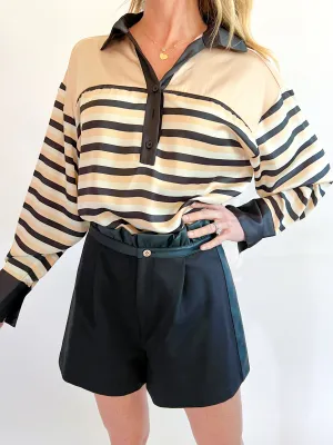 Half Button Placket Stripe Blouse