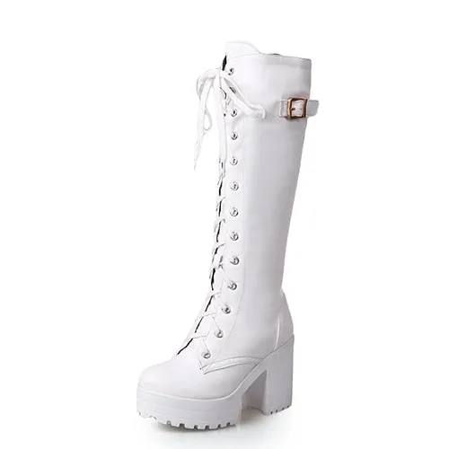 Hot Sale Spring Autumn Lacing Knee High Boots Women Fashion White Square Heel Woman Leather Shoes Winter PU Large Size 43