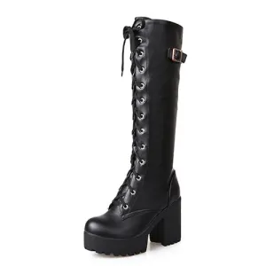 Hot Sale Spring Autumn Lacing Knee High Boots Women Fashion White Square Heel Woman Leather Shoes Winter PU Large Size 43
