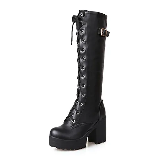 Hot Sale Spring Autumn Lacing Knee High Boots Women Fashion White Square Heel Woman Leather Shoes Winter PU Large Size 43