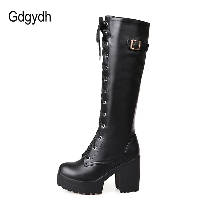 Hot Sale Spring Autumn Lacing Knee High Boots Women Fashion White Square Heel Woman Leather Shoes Winter PU Large Size 43