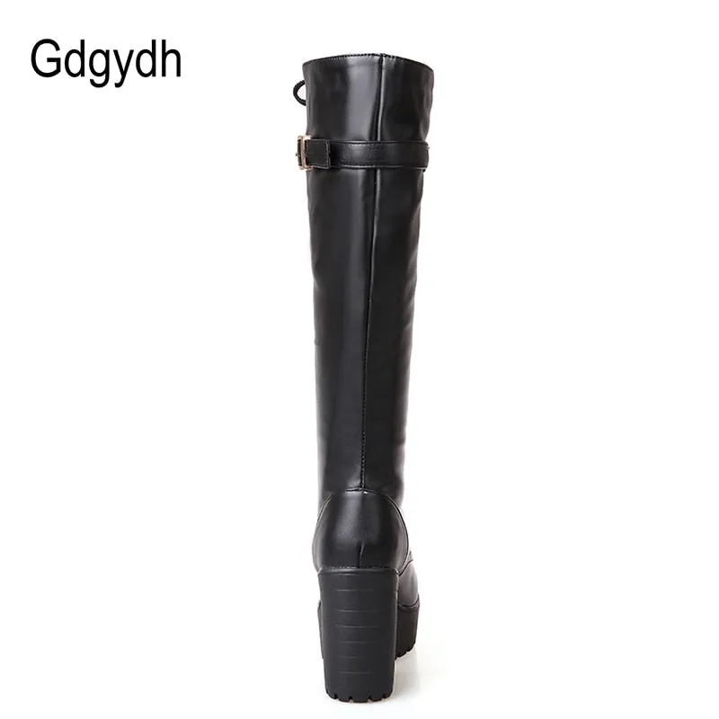 Hot Sale Spring Autumn Lacing Knee High Boots Women Fashion White Square Heel Woman Leather Shoes Winter PU Large Size 43