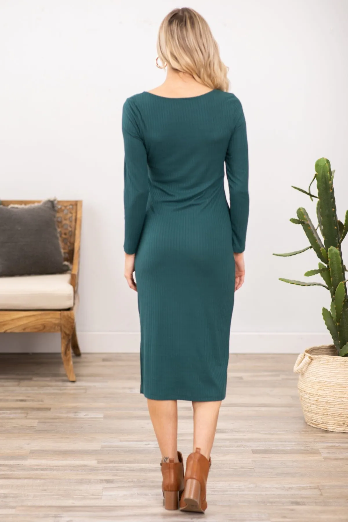 Hunter Green Asymmetrical Neckline Midi Dress
