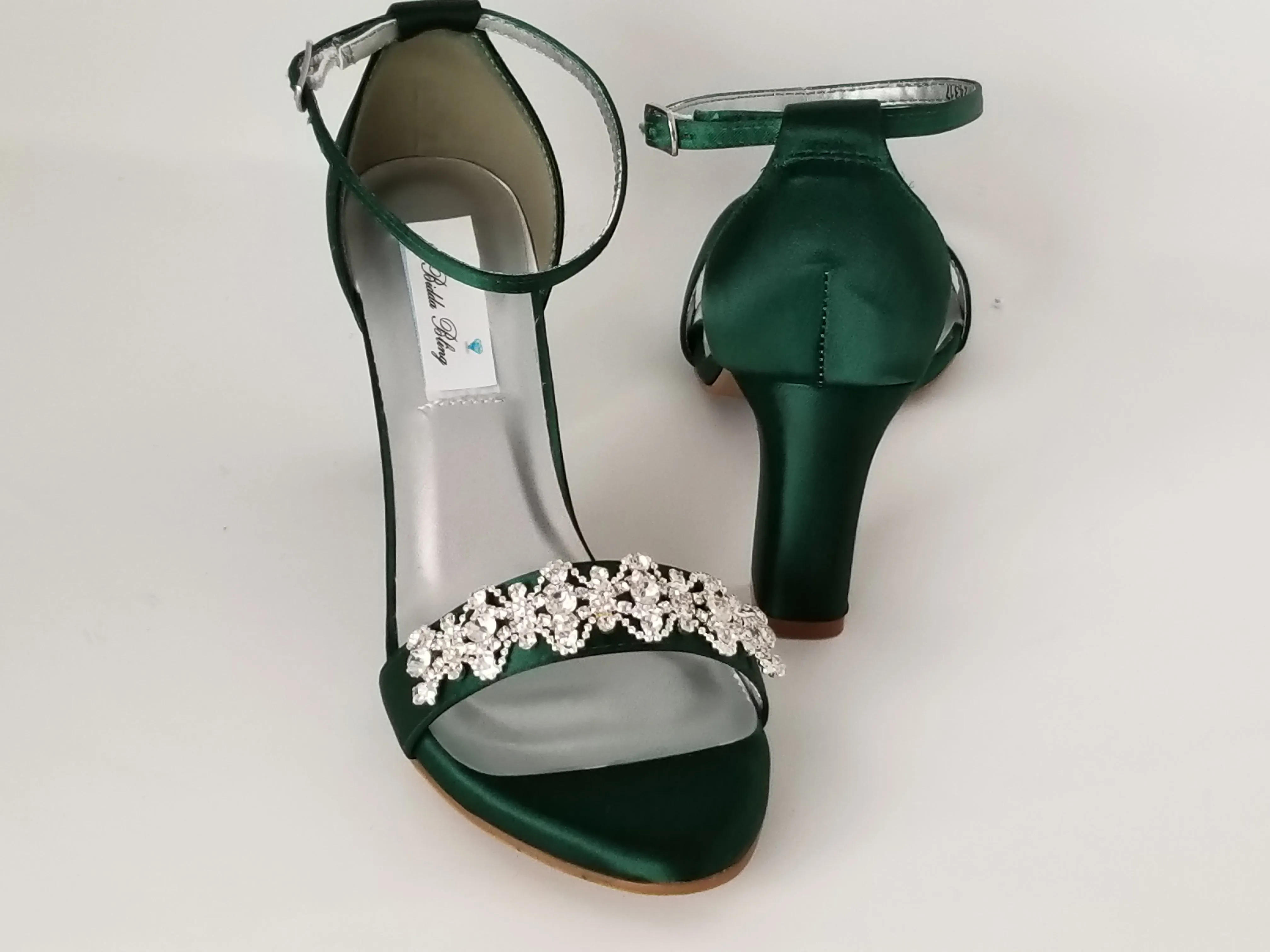 Hunter Green Wedding Shoes with Block Heel Crystal Art Deco Design