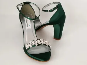 Hunter Green Wedding Shoes with Block Heel Crystal Art Deco Design