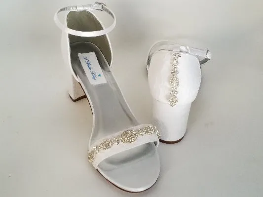 Ivory or White Lace Bridal Shoes with Block Heel Crystals Front and Back