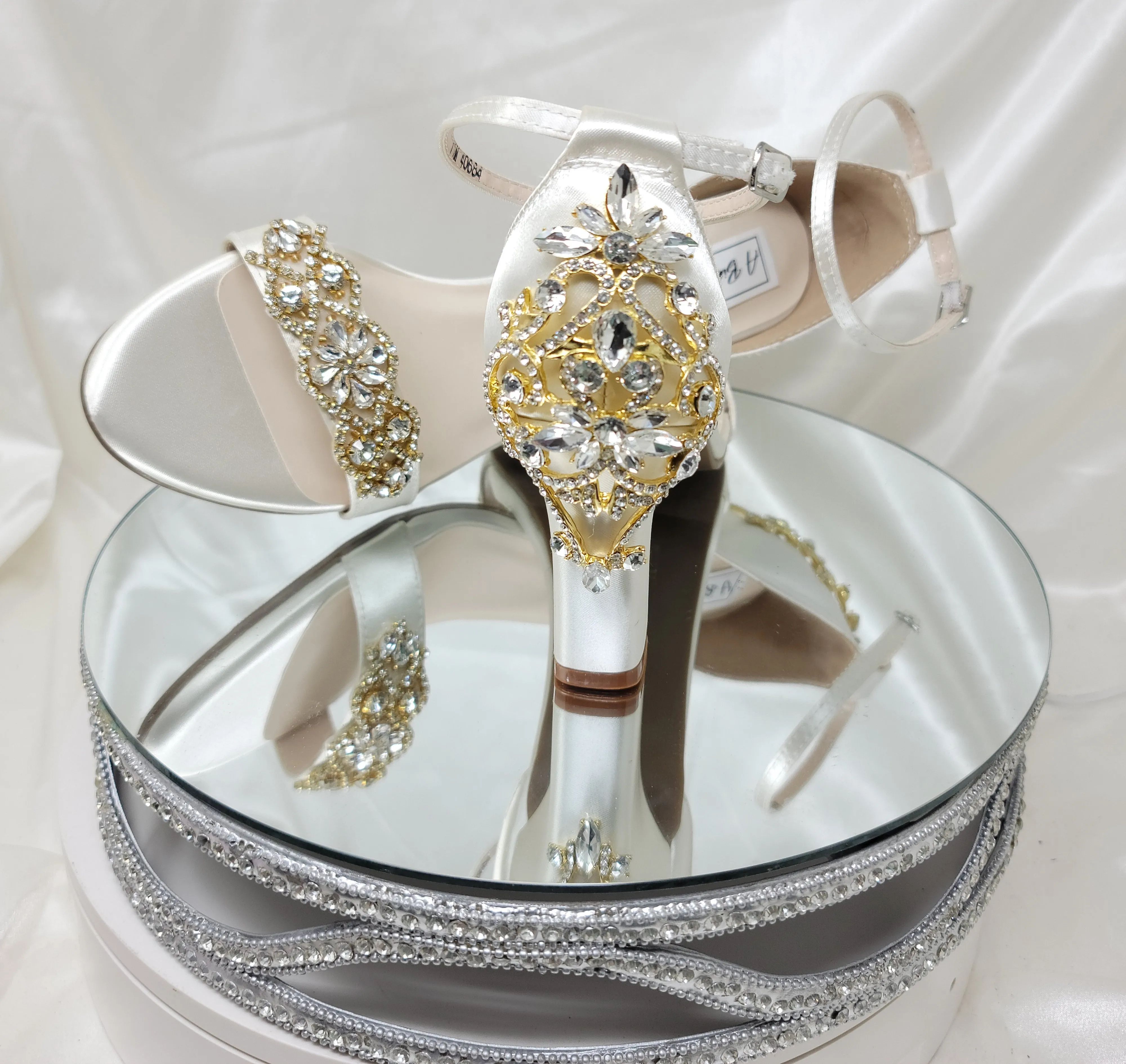 Ivory Wedding Shoes with Block Heel and Gold Crystal Front and Back Design