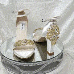 Ivory Wedding Shoes with Block Heel and Gold Crystal Front and Back Design