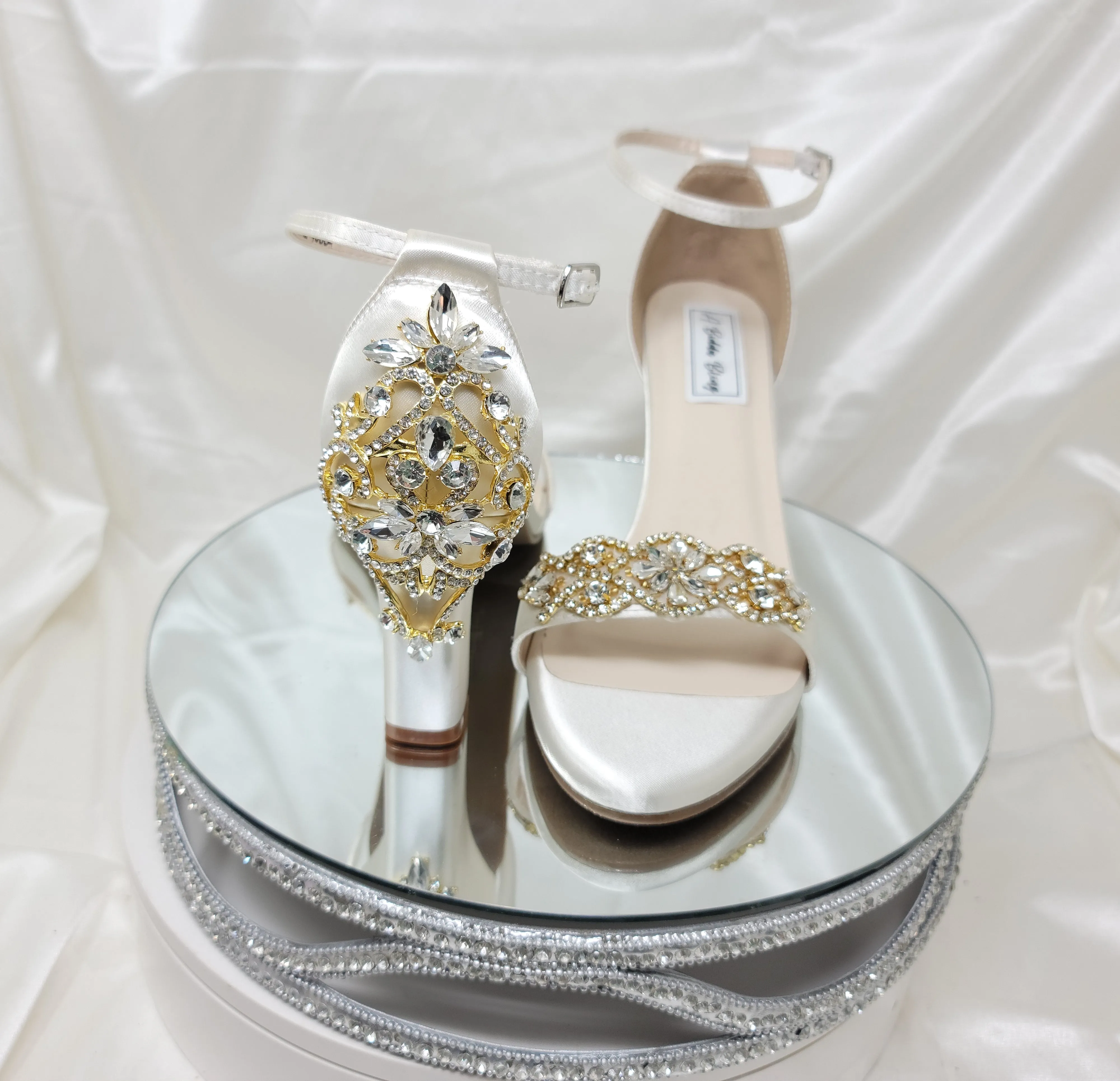 Ivory Wedding Shoes with Block Heel and Gold Crystal Front and Back Design