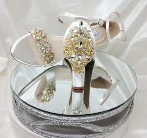 Ivory Wedding Shoes with Block Heel and Gold Crystal Front and Back Design