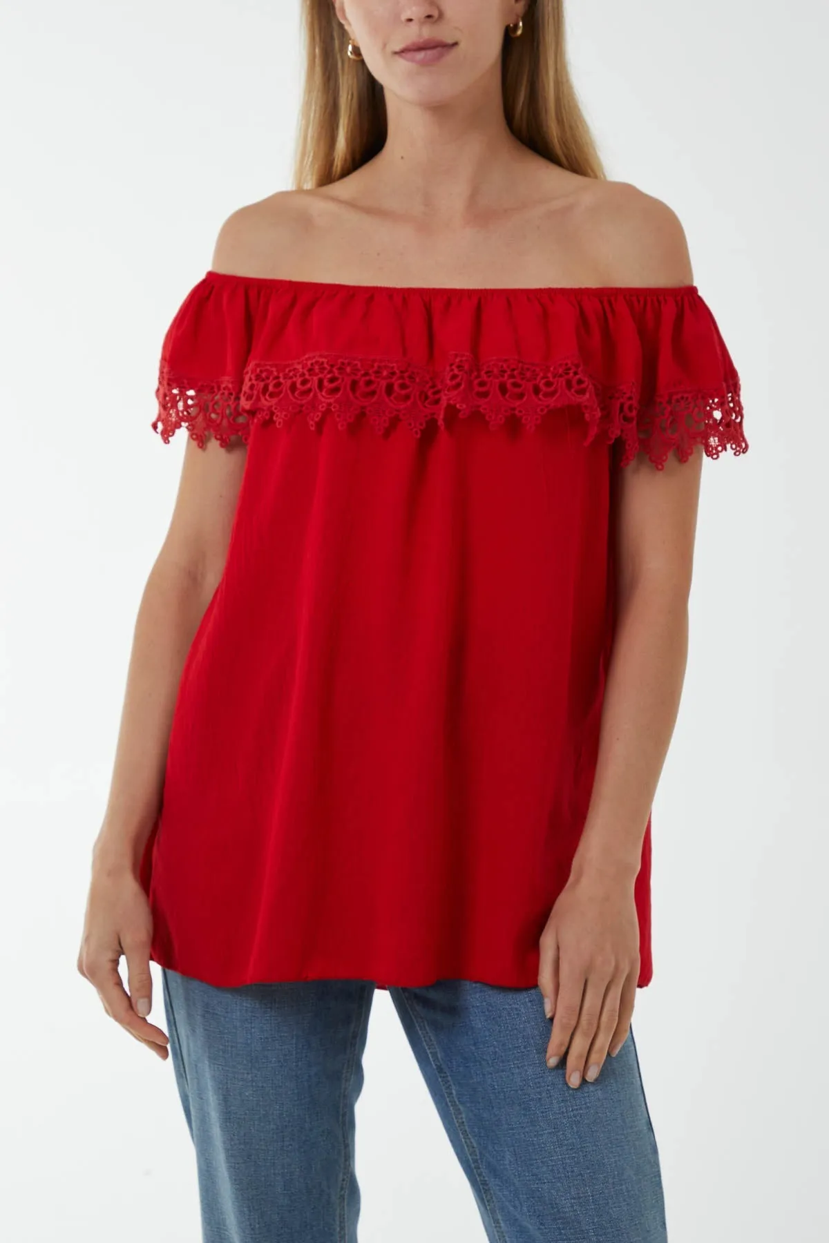 Laced Detail Frill Bardot Top